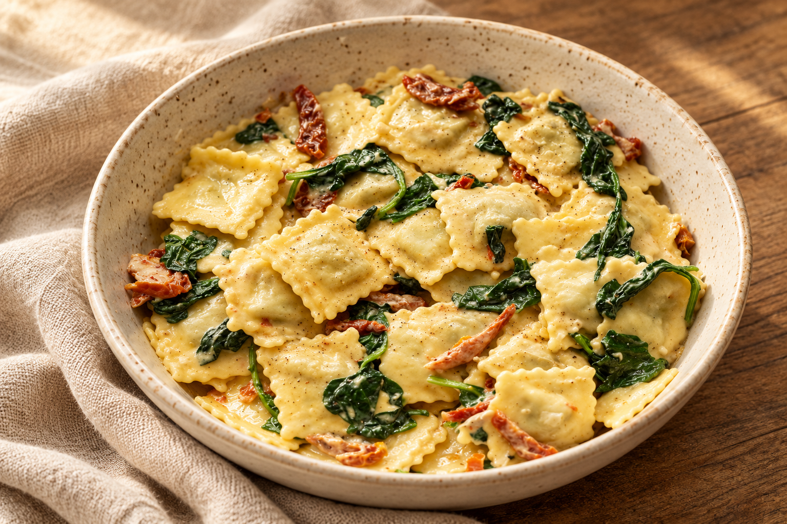 Ravioli serving suggestion with spinach and sundried tomatoes