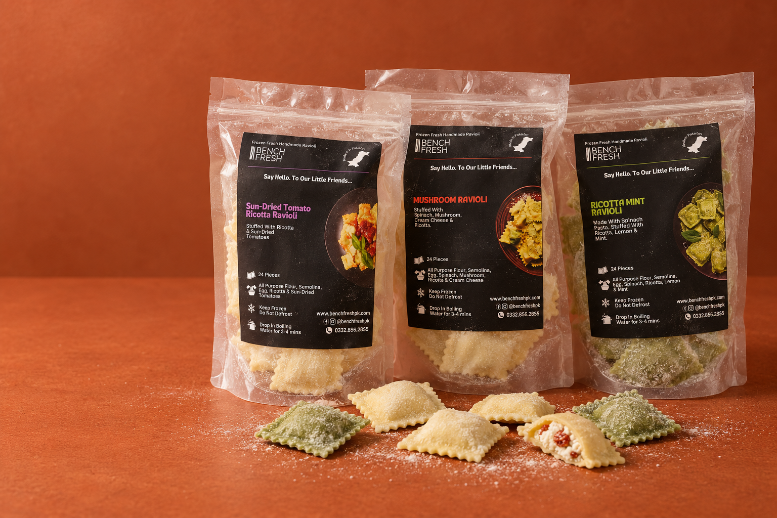 Three BenchFresh ravioli packs: sundried tomato ricotta, mushroom, and ricotta mint, with ravioli arranged in front