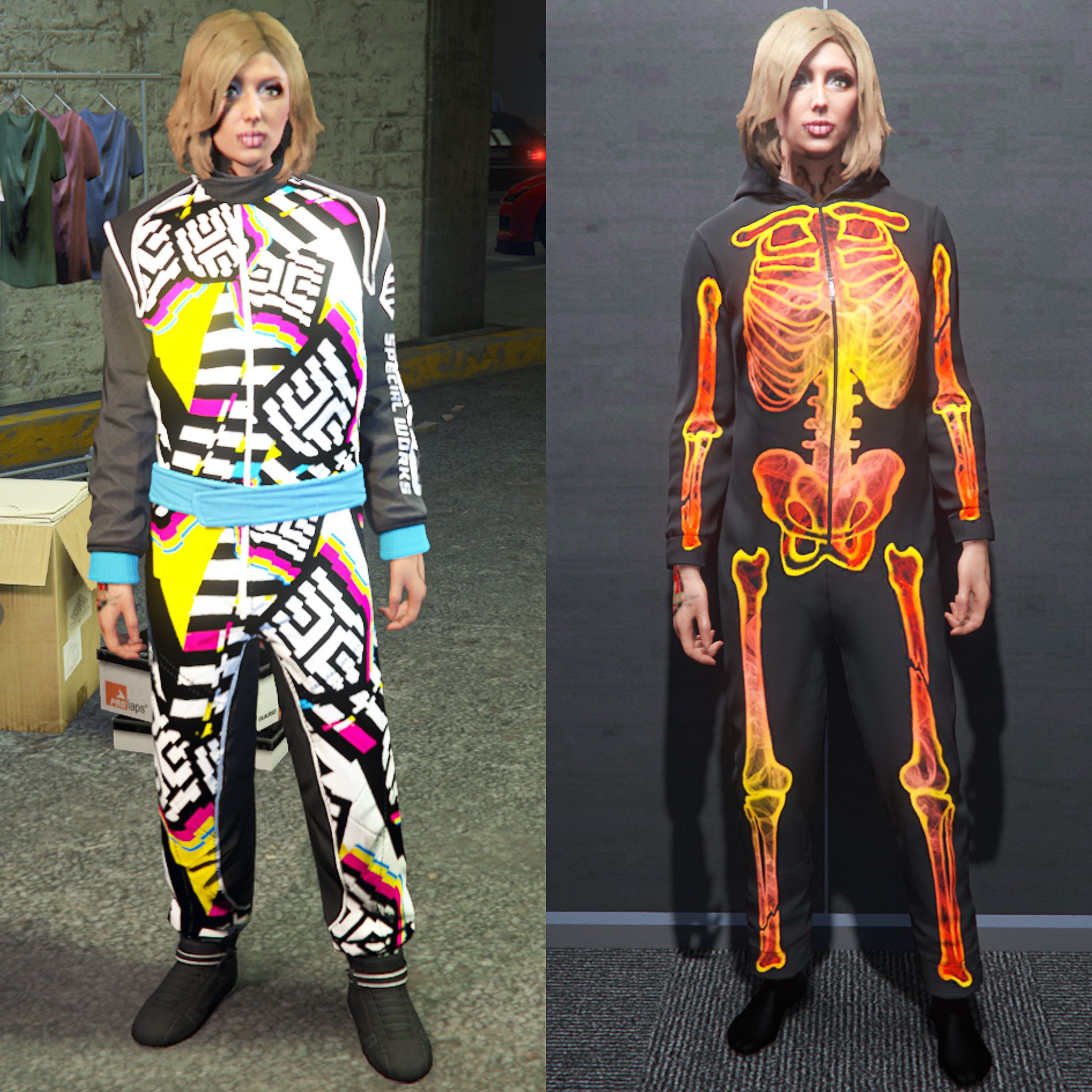 Required outfits: LS Car Meet Racing Suit and Glow Skeleton Onesie